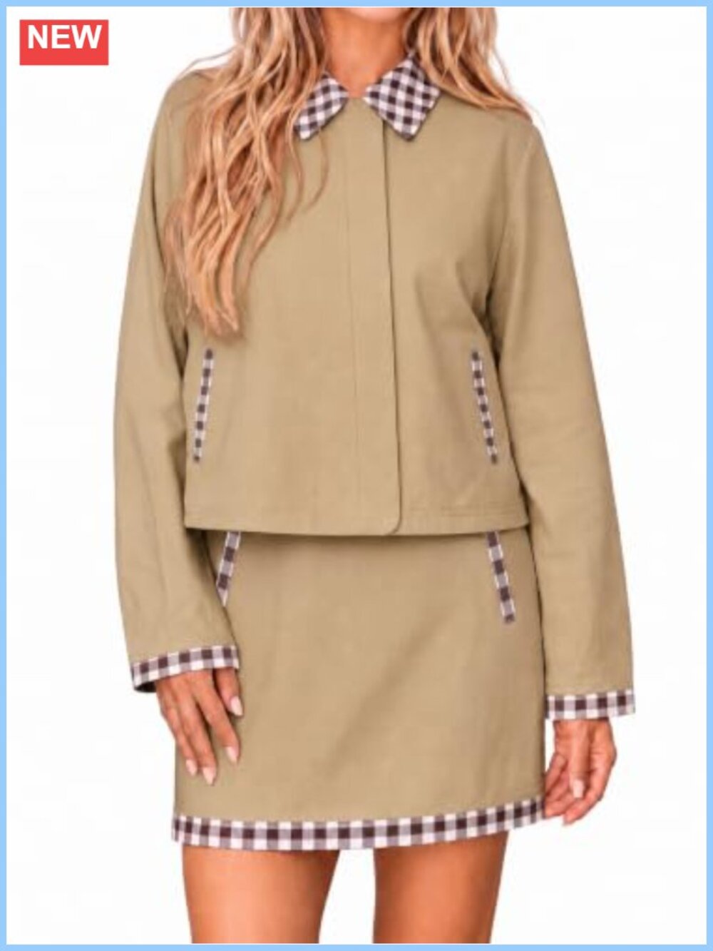 Women's Plaid 2 Piece Skirt Set Zip Up Jacket Matching Outfit